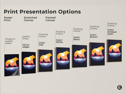 Explore print presentation options for bear family artwork. Choose from poster print stretched canvas or framed canvas. Select gallery wrap with mirror edges or floating frame. Find the perfect style in white black brown or antique gold. Museum quality paper ensures lasting beauty.