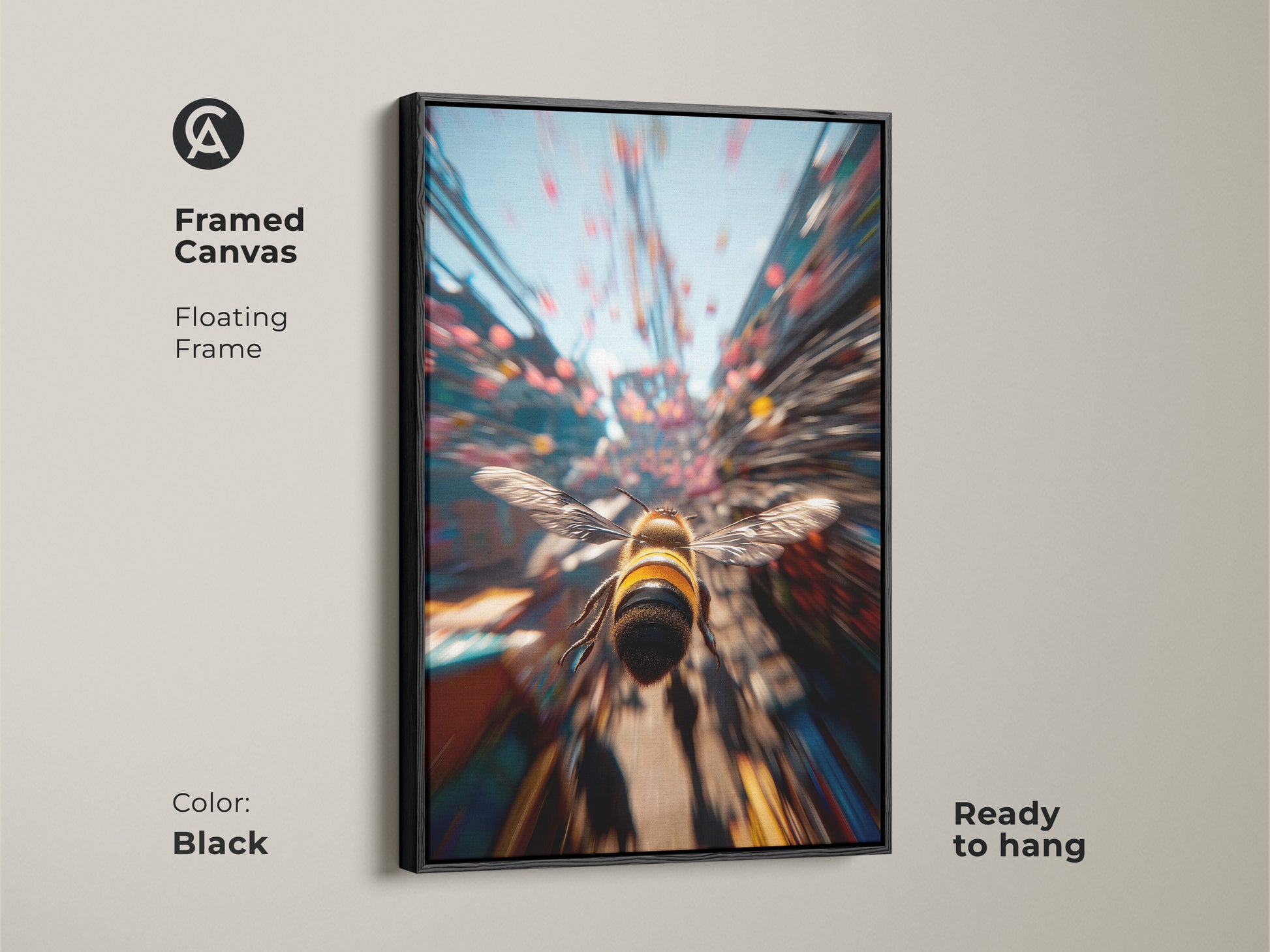Framed canvas art print with a black floating frame. The art features a bee in flight. This artwork is ready to hang. Enhance your home with this modern nature-inspired art.