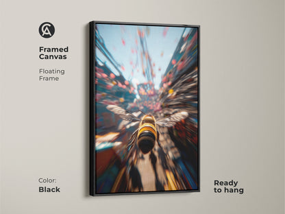 Framed canvas art print with a black floating frame. The art features a bee in flight. This artwork is ready to hang. Enhance your home with this modern nature-inspired art.