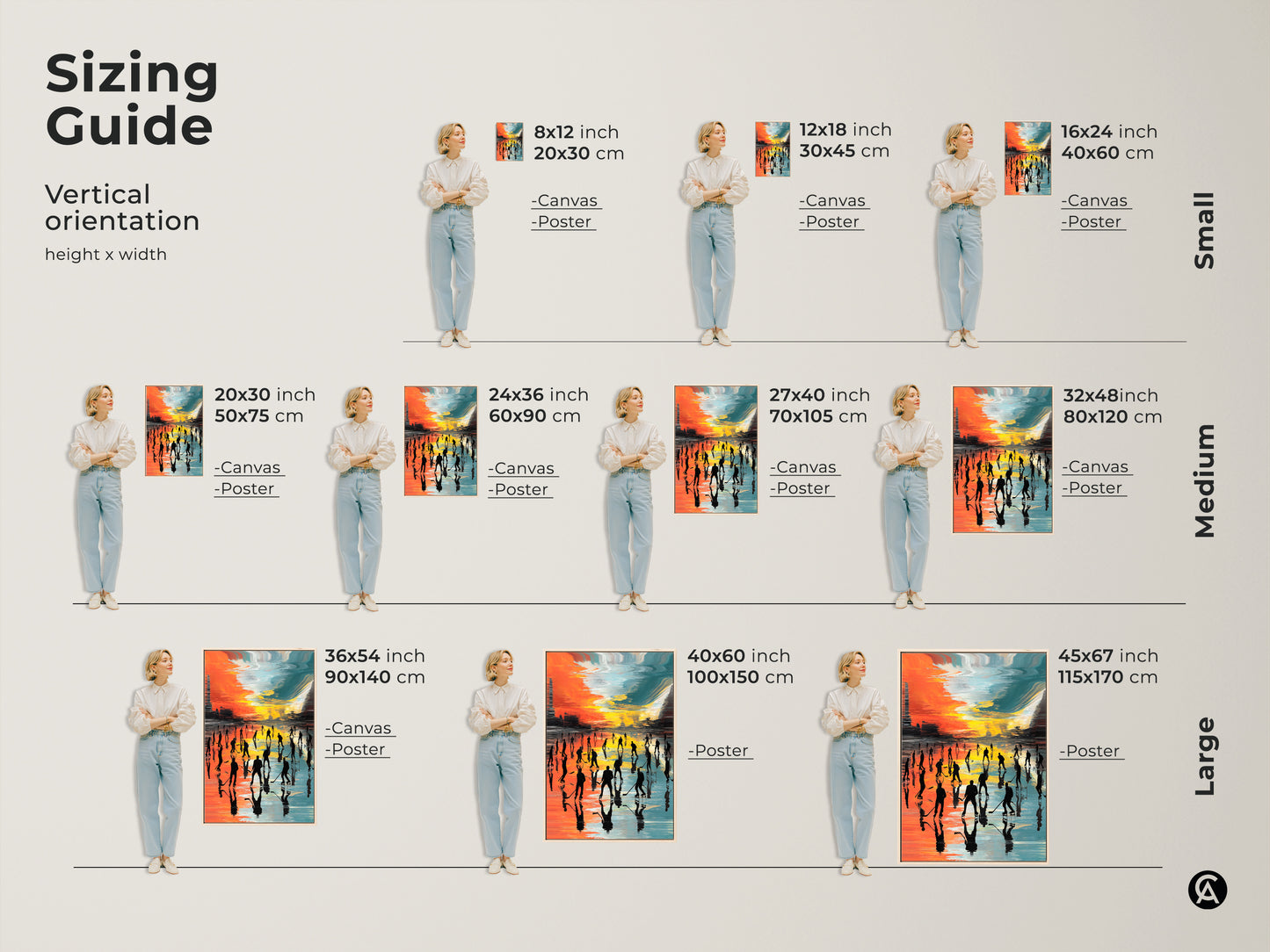 Sizing guide showing vertical abstract hockey artwork options. See the canvas and poster sizes available to find the perfect fit. Decorate your space with modern sports art featuring orange teal and yellow hues.