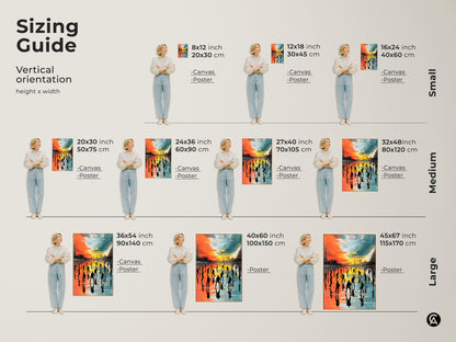 Sizing guide showing vertical abstract hockey artwork options. See the canvas and poster sizes available to find the perfect fit. Decorate your space with modern sports art featuring orange teal and yellow hues.