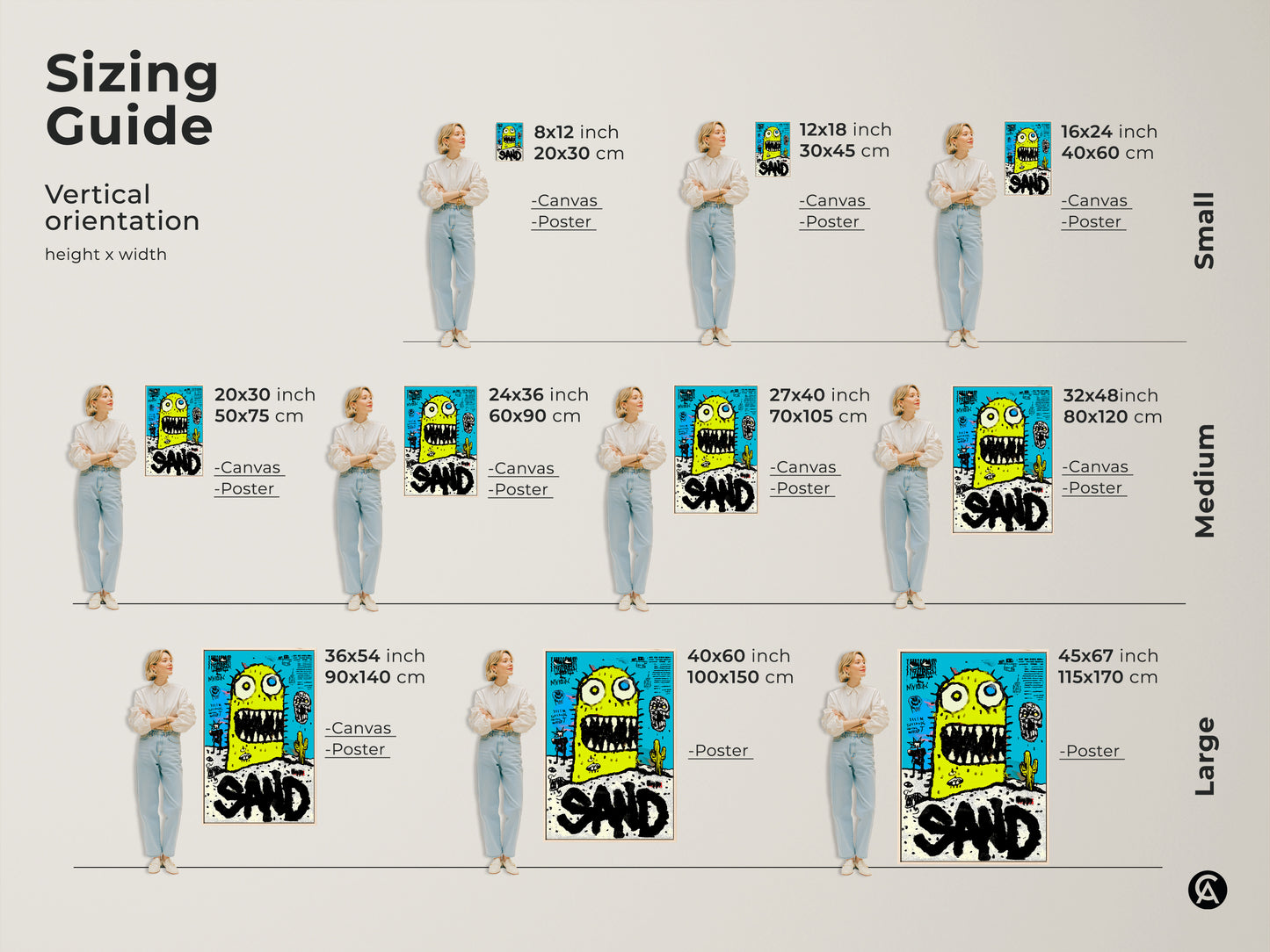 Sizing guide for vertical artwork featuring a whimsical monster in the desert. Available in small medium and large sizes. Choose the perfect size for your space. Explore canvas and poster options. Find the ideal art to fit your needs. Shop now