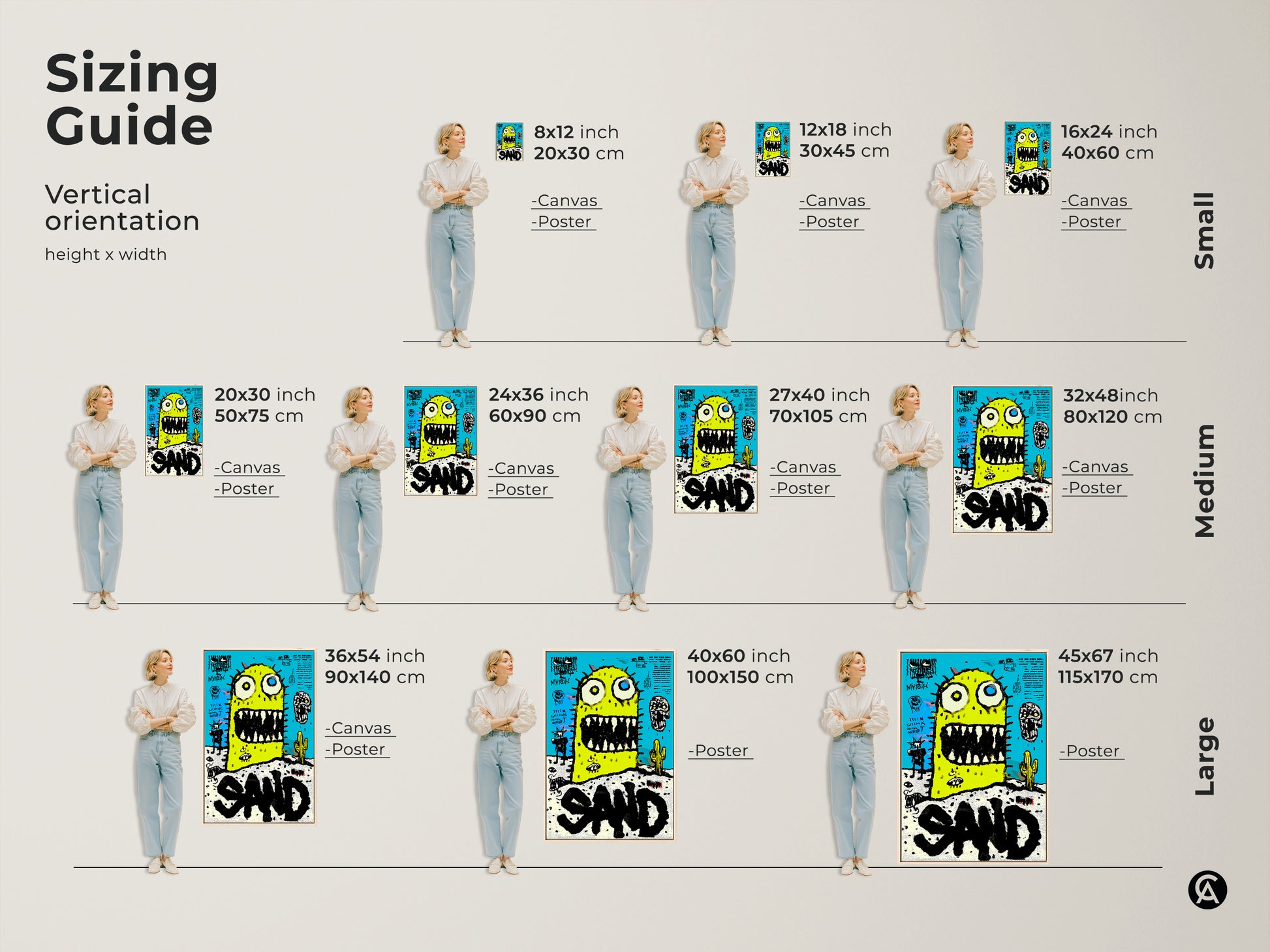 Sizing guide for vertical artwork featuring a whimsical monster in the desert. Available in small medium and large sizes. Choose the perfect size for your space. Explore canvas and poster options. Find the ideal art to fit your needs. Shop now