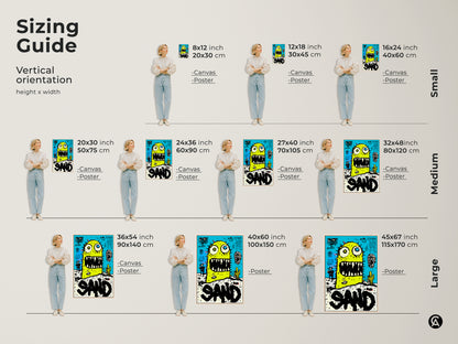 Sizing guide for vertical artwork featuring a whimsical monster in the desert. Available in small medium and large sizes. Choose the perfect size for your space. Explore canvas and poster options. Find the ideal art to fit your needs. Shop now