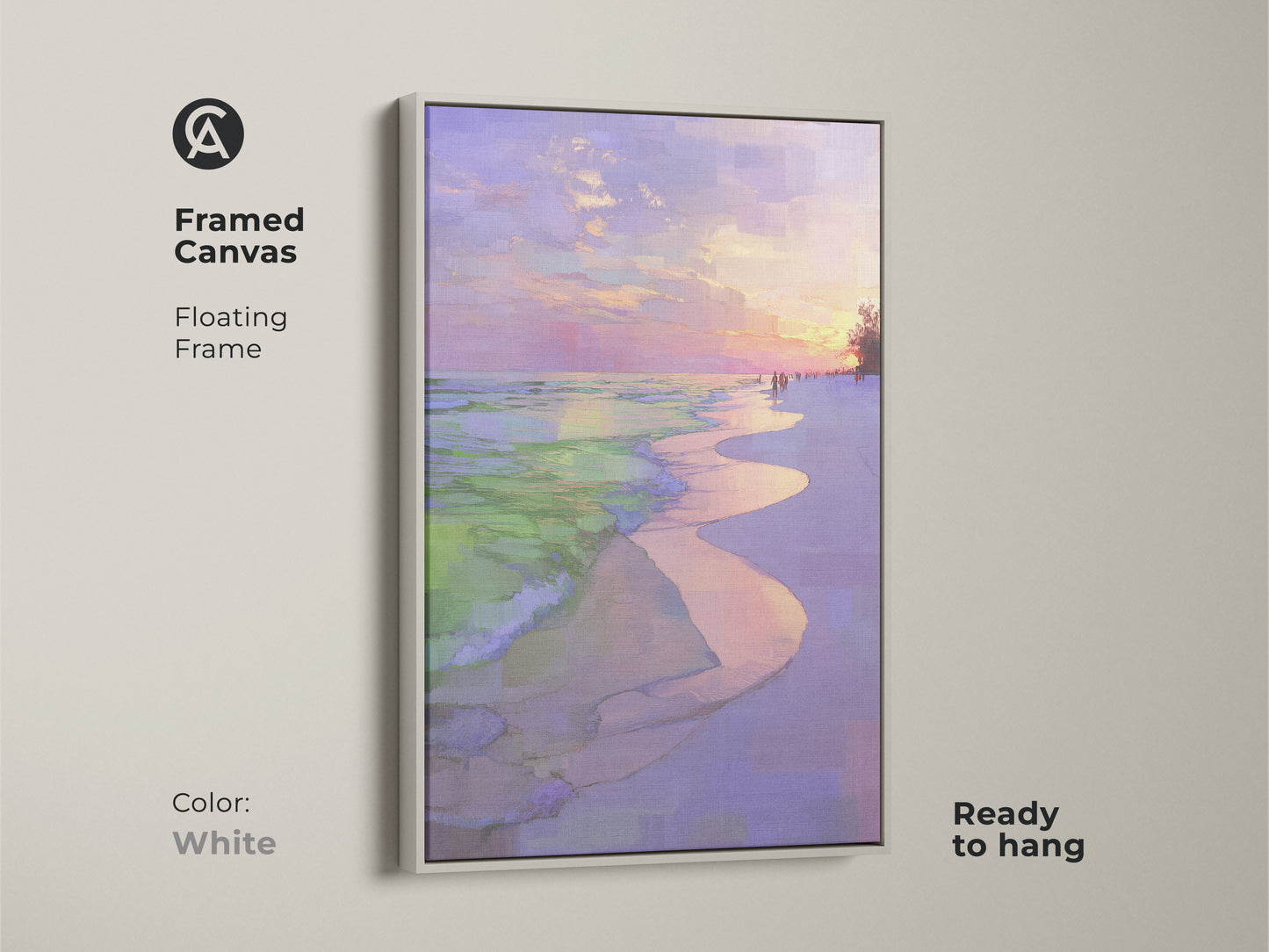 Framed canvas features a floating frame in white. Impressionistic beach sunset artwork is ready to hang. Coastal ocean waves wall print with a purple pink sky landscape. Seaside home decor gift complements any room.