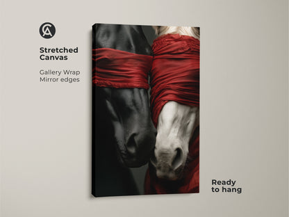 Stretched canvas showcasing surreal horse art. Gallery wrap with mirrored edges ensures a seamless display. Black and white horses wear red fabric. Ready to hang this animal surrealism artwork will enhance any space.