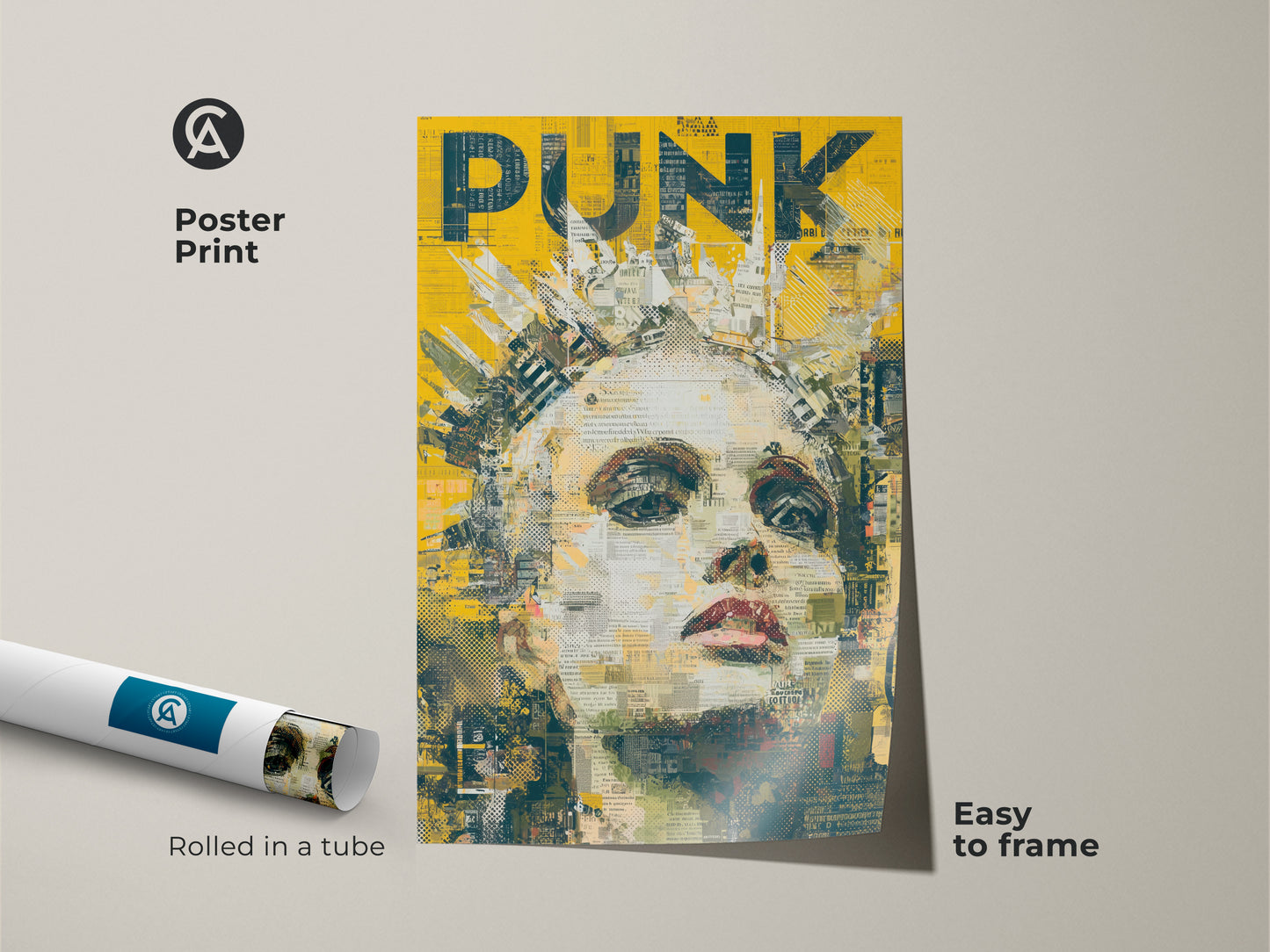 This is a poster print of a woman with a crown. The art style has a Punk aesthetic. The artwork includes the word PUNK in bold yellow text. It is easy to frame. It is available as framed art or on canvas.