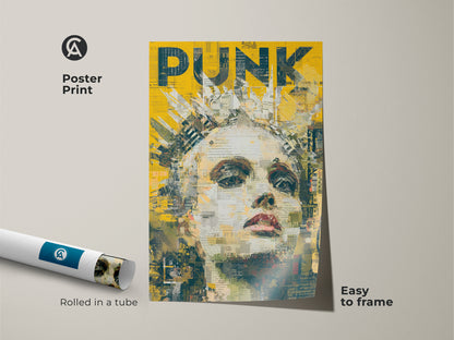 This is a poster print of a woman with a crown. The art style has a Punk aesthetic. The artwork includes the word PUNK in bold yellow text. It is easy to frame. It is available as framed art or on canvas.