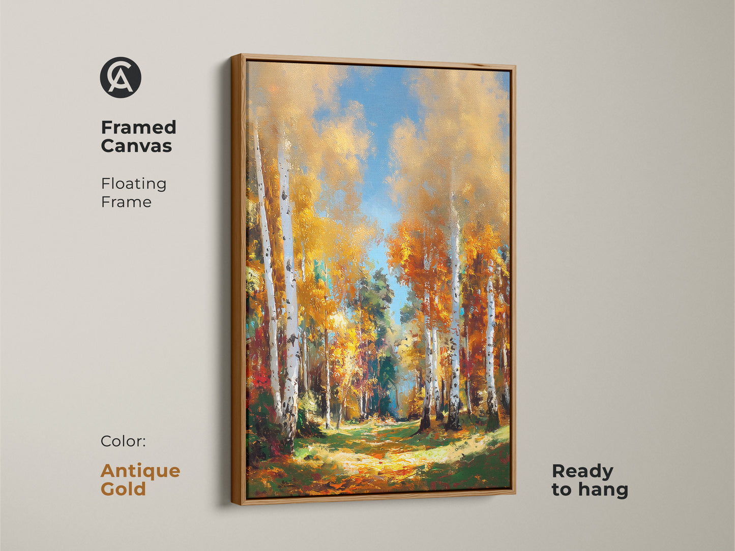Birch Tree Art in Antique Gold Frame. This framed canvas print is ready to hang. It features golden trees. The floating frame enhances the artwork. Perfect for any space.