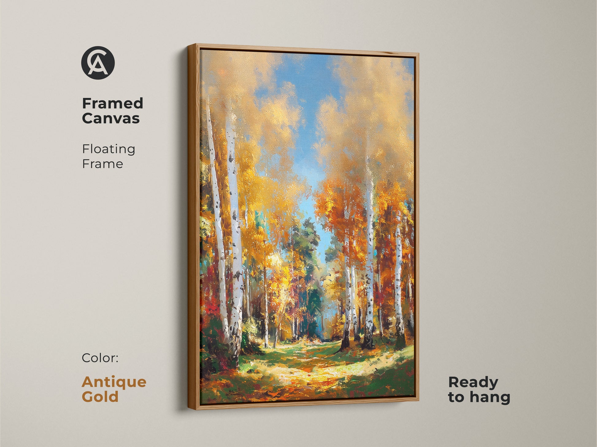 Birch Tree Art in Antique Gold Frame. This framed canvas print is ready to hang. It features golden trees. The floating frame enhances the artwork. Perfect for any space.
