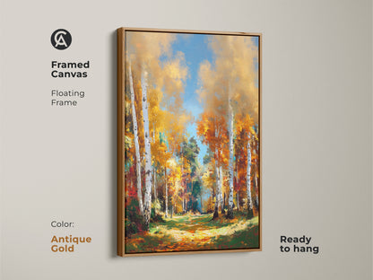 Birch Tree Art in Antique Gold Frame. This framed canvas print is ready to hang. It features golden trees. The floating frame enhances the artwork. Perfect for any space.