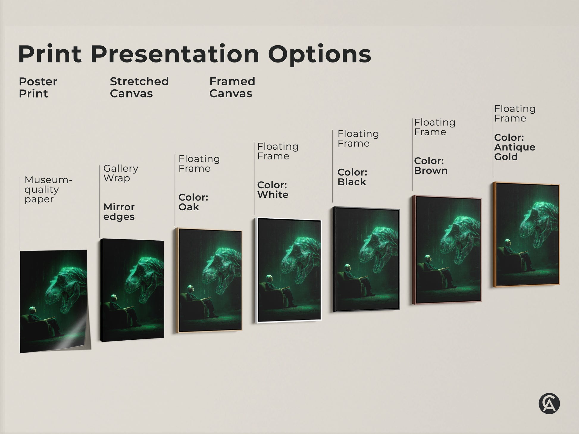 Explore print presentation options for this artwork. The art features an old man reading. A glowing green T-Rex hovers above him. Choose from poster prints stretched canvas or framed canvas. Select the style that best complements your home decor.