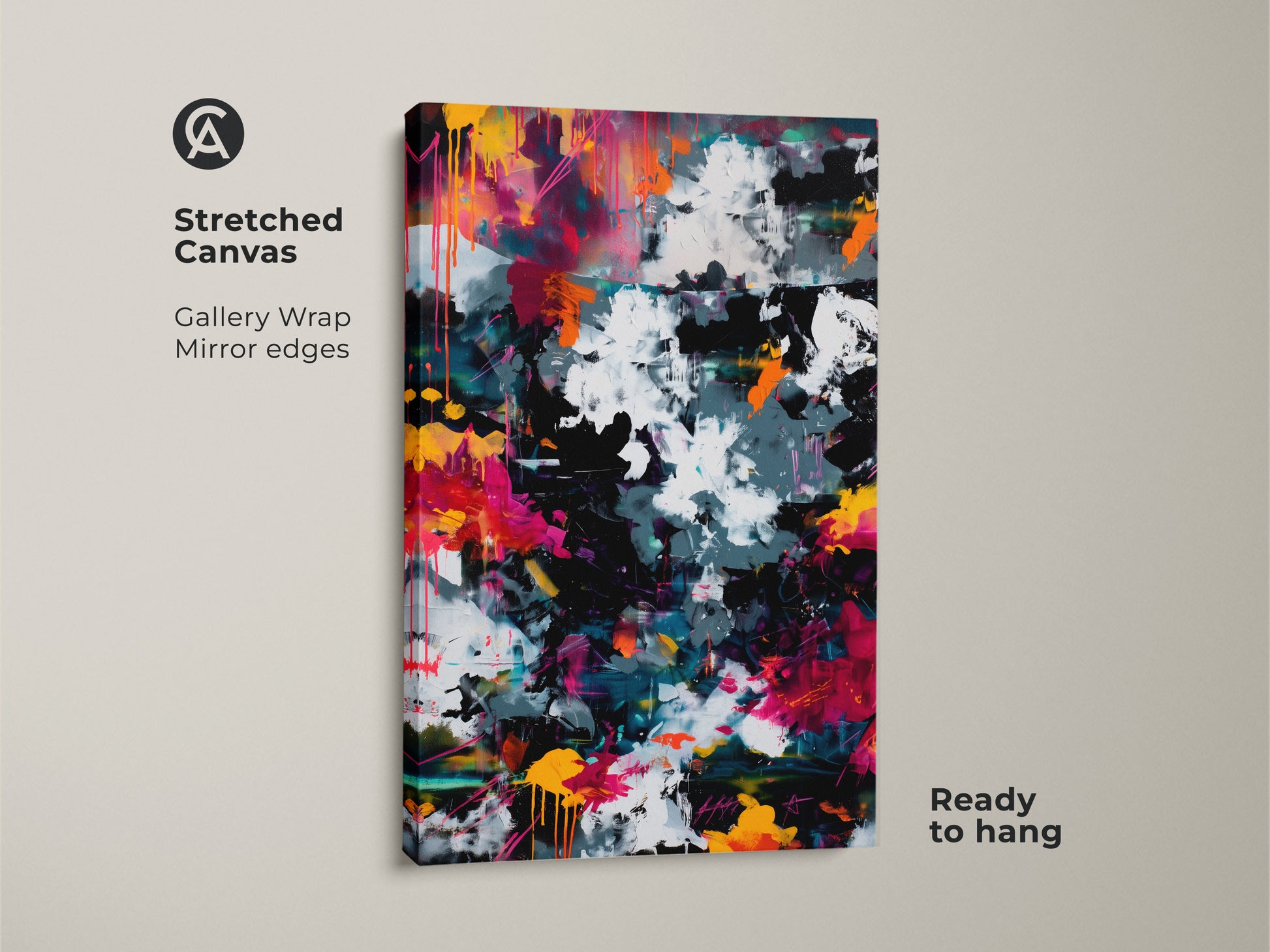 Stretched canvas print of abstract art ready to hang. Gallery wrapped canvas with mirror edges. Explore the colorful world of abstract expressionism with this unique piece. Add a touch of modern flair to any room with this artwork.