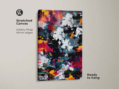 Stretched canvas print of abstract art ready to hang. Gallery wrapped canvas with mirror edges. Explore the colorful world of abstract expressionism with this unique piece. Add a touch of modern flair to any room with this artwork.