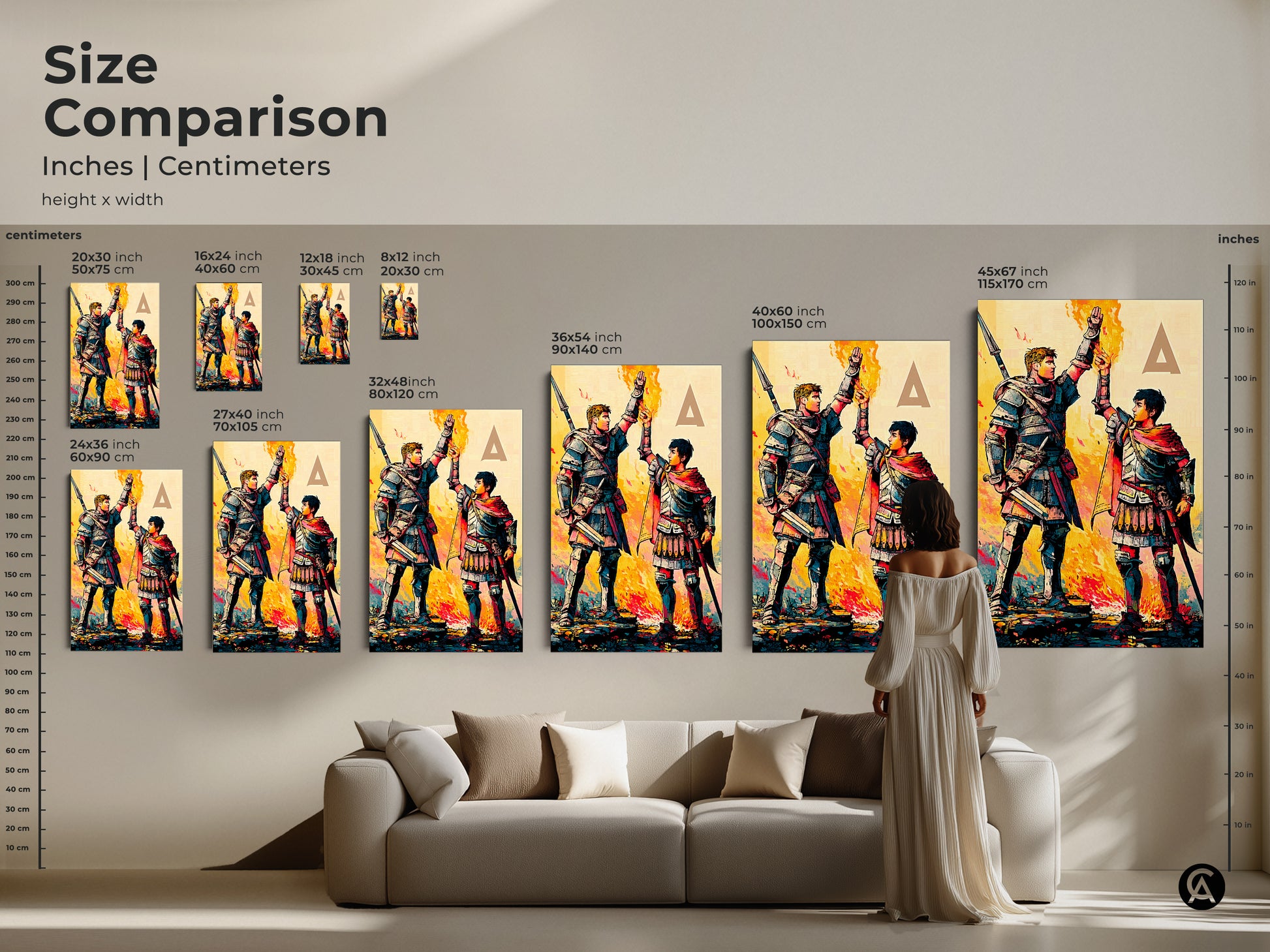 Compare sizes of graphic novel style wall art featuring fantasy warriors. Visualize how crimson teal and yellow artwork will enhance your eclectic home decor. Find the ideal fit for your space.