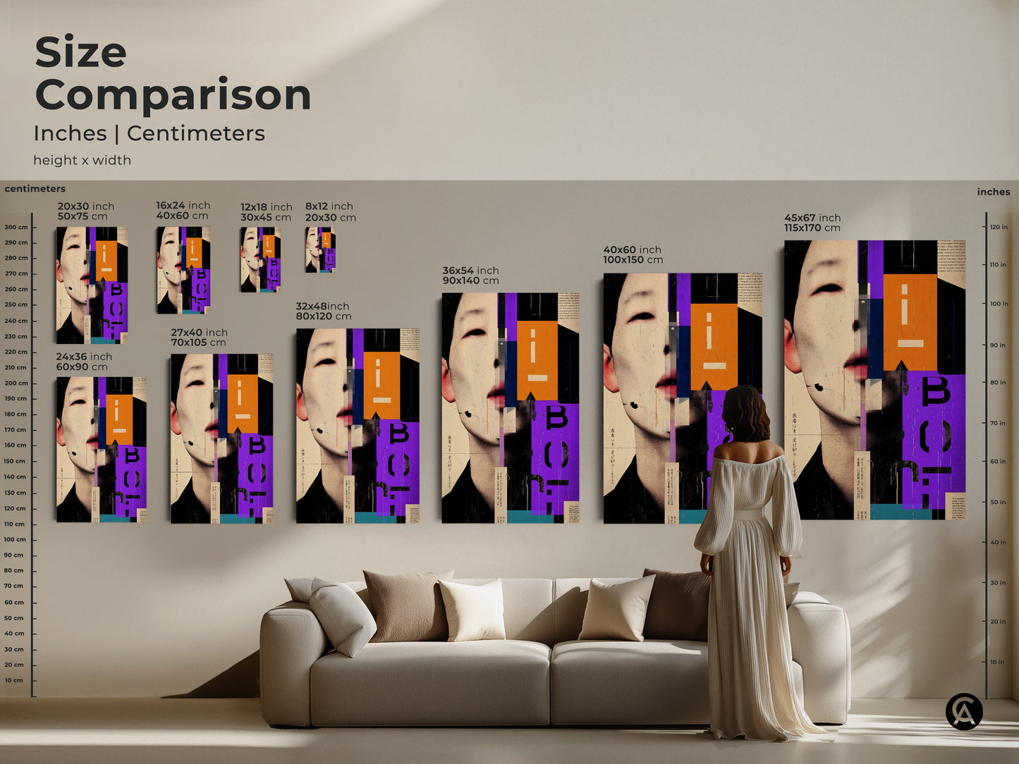 Size comparison of this geometric collage canvas print. See how the abstract face portrait fits in various room settings. This orange purple and beige art enhances any modern office or home. Choose the ideal size for your space today.