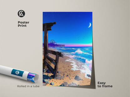 Poster print of a synthwave beach canvas artwork. It's an ocean pier at night with a retro wave feel. A perfect coastal print for any beach lover's home. Easy to frame rolled in a tube for protection.