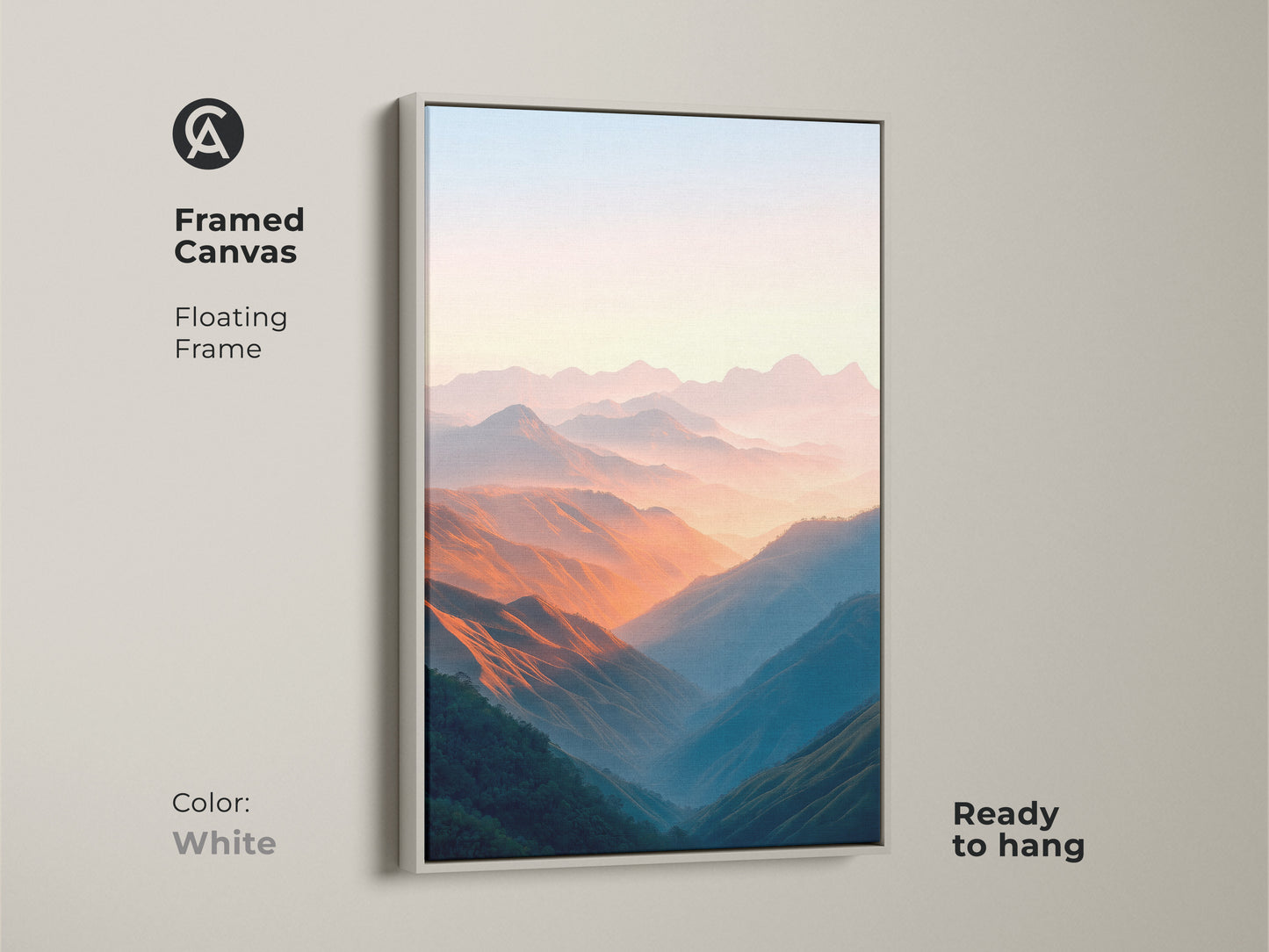Framed in white this peach and blue mountain valley canvas art brings tranquility to any room. The contemporary landscape artwork adds a touch of nature to your decor. The floating frame offers a clean look. This scenic art print is ready to hang and enjoy.