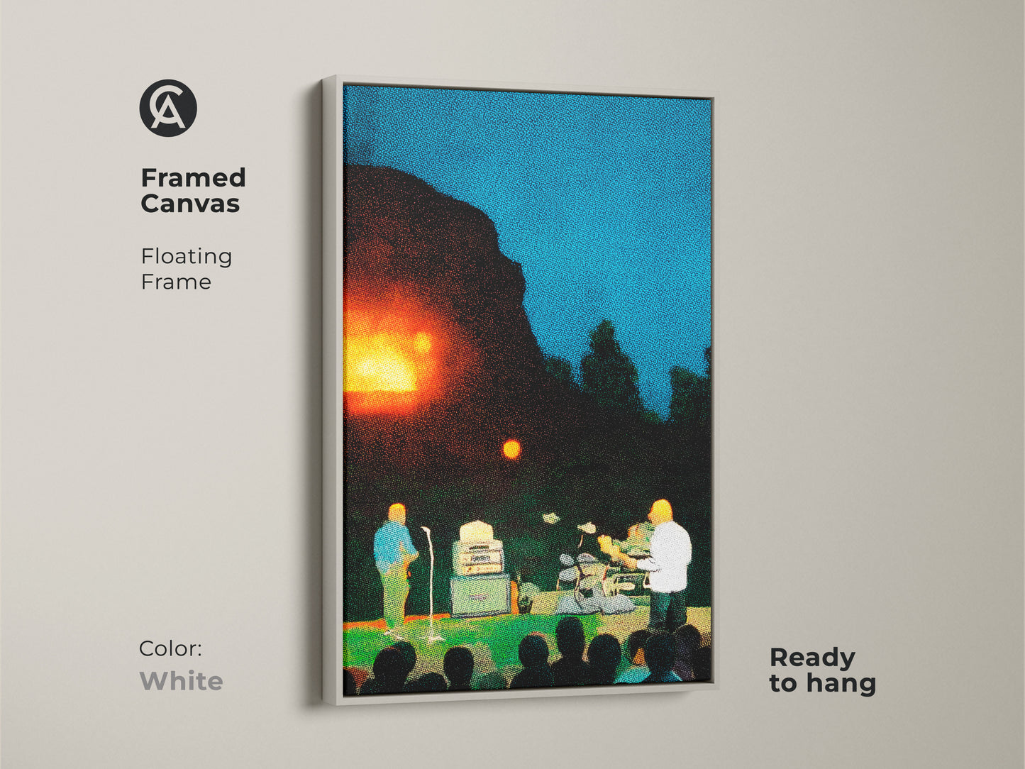 Brighten your wall with a framed canvas. The live music artwork features a band performing on stage. The pointillism is modern with blue orange and green colors. The floating frame is white and the artwork is ready to hang. Gift it to the music lover in your life.