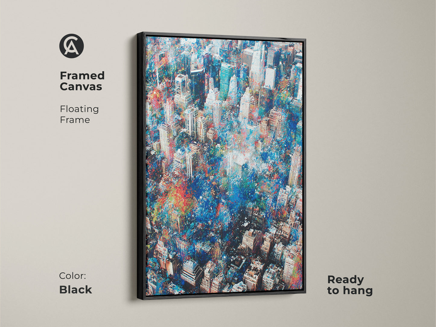 Framed canvas artwork showcasing an aerial cityscape. This floating frame is black and modern. The artwork is ready to hang. The black frame enhances the vivid colors of the city scene. A perfect addition to any art collection.
