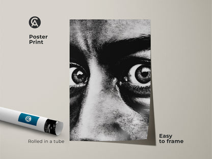Poster print of a monochrome face portrait rolled in a tube. Easy to frame this black and white face print showcases an intense gaze. This contemporary portrait print is perfect for minimalist black white art. The expressive eyes artwork enhances any space with a graphic face artwork.
