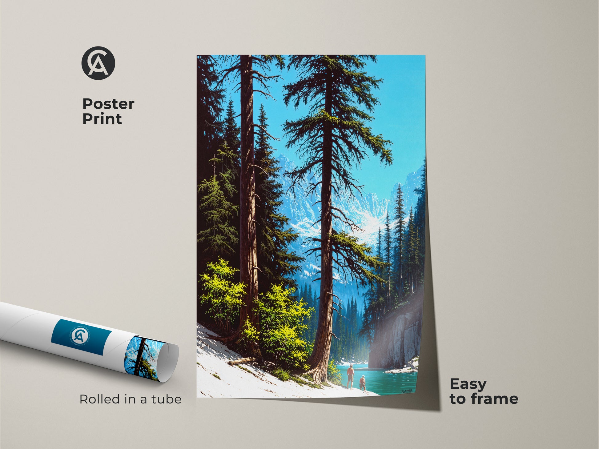 A scenic mountain lake landscape is printed on a rolled poster. This pine forest art is an easy to frame nature scene. The rustic artwork brings the outdoors in with sky blue and deep green colors. The travel landscape canvas is perfect for outdoor adventure enthusiasts.