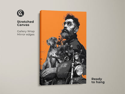 Stretched canvas art of a man and his dog on a motorcycle against an orange backdrop. The gallery wrap showcases mirror edges creating a modern look. This wall art is ready to hang making it an effortless addition to your space for motorcycle enthusiasts.