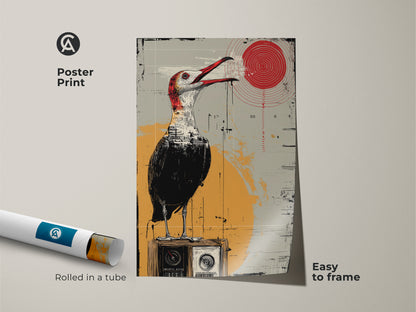 A poster print presents a surreal bird perched on a vintage radio. This eclectic bird artwork suits study room or office decor. The red yellow grey art is easy to frame. Rolled in a tube it's perfect for gifting to art collectors. Enhance your home with this retro illustration poster a unique piece for eclectic spaces and vintage art lovers.