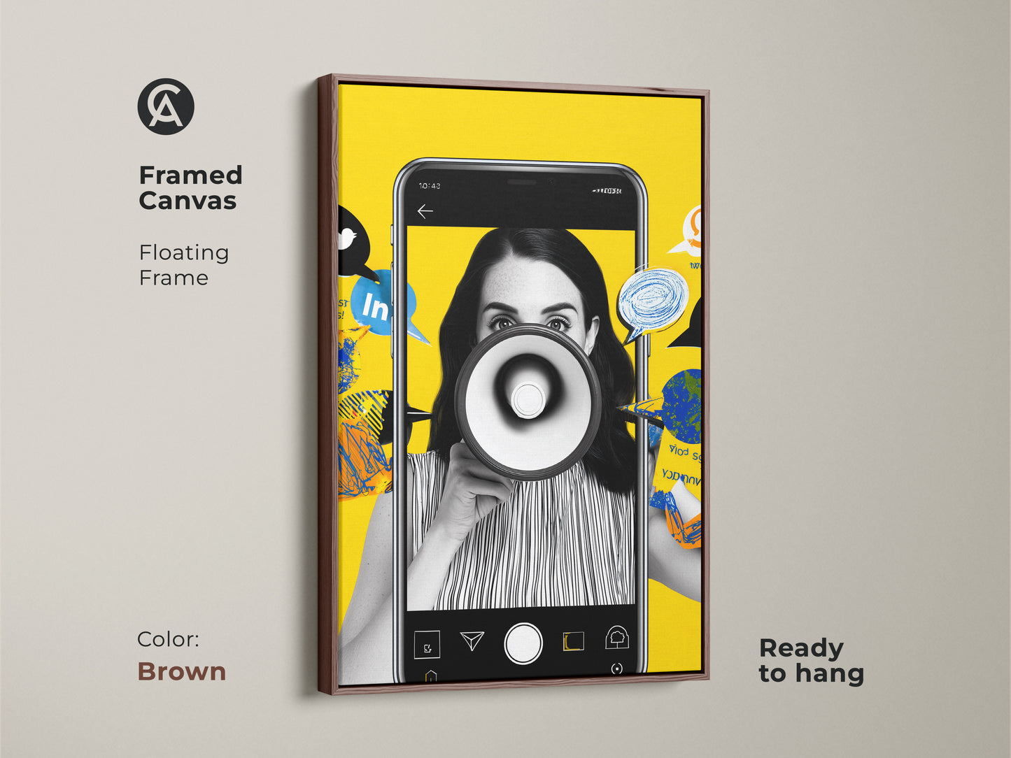 Framed canvas art with a brown floating frame displaying a social media megaphone collage. The artwork comes ready to hang. Its contemporary art style is ideal for office decor. A thoughtful gift for marketing professionals. The brown frame complements the vibrant yellow hues.