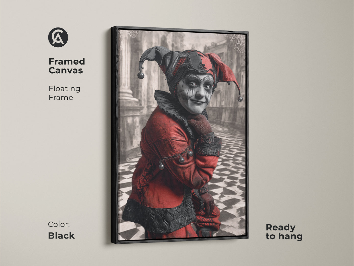 Framed canvas of a crimson and black gothic jester portrait. Floating frame in black. Ready to hang. The harlequin character art brings a unique touch to eclectic home decor or any space for that matter