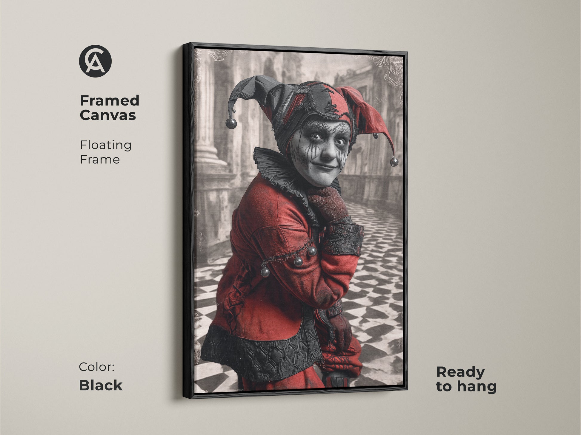 Framed canvas of a crimson and black gothic jester portrait. Floating frame in black. Ready to hang. The harlequin character art brings a unique touch to eclectic home decor or any space for that matter