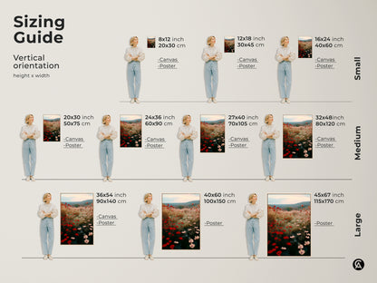 Sizing guide for the Crimson Red Poppy Field art print. See how the impressionistic floral canvas fits in different vertical orientations. Available as canvas or poster in sizes from small to large. Perfect for adding a touch of Boho charm to your home decor with wildflower art.