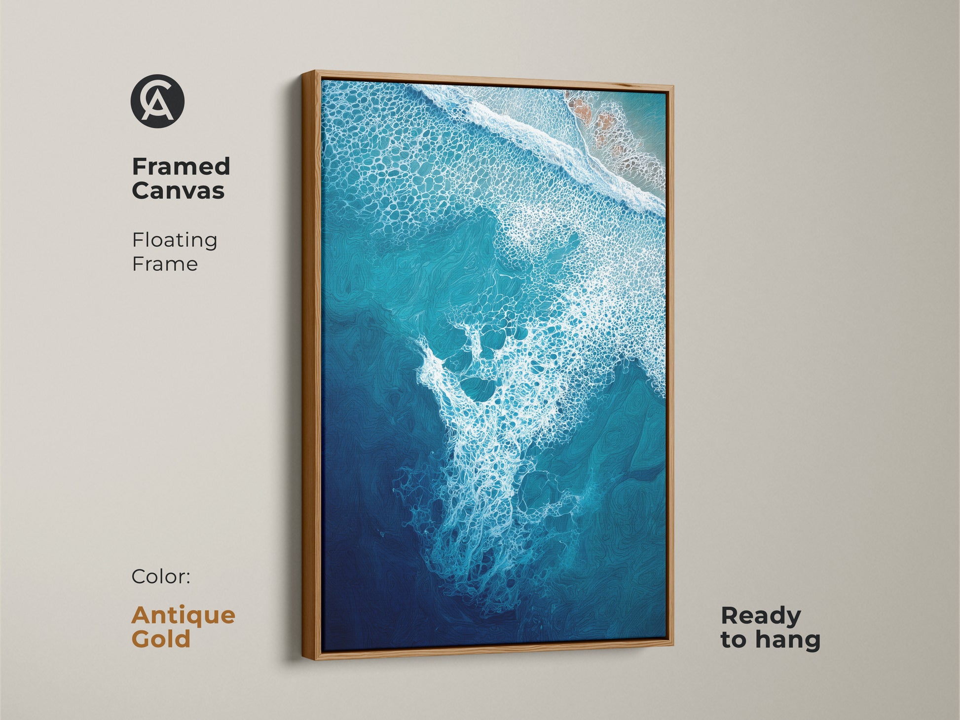 Framed canvas with an antique gold floating frame showcases deep blue ocean artwork. This turquoise aerial view art enhances coastal decor. Ready to hang this abstract print suits beach lovers. Modern abstract seafoam art for your space. This is a beautiful abstract seascape painting.
