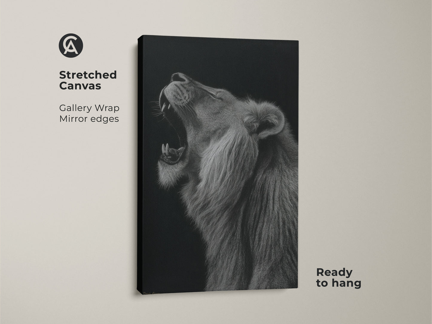 Stretched Canvas print of a roaring lion. The gallery wrap features mirror edges for a clean look. Ready to hang monochrome canvas art for wildlife wall decor. Showcase a roaring lion artwork in stunning black and white. It's a perfect animal portrait print for your home.