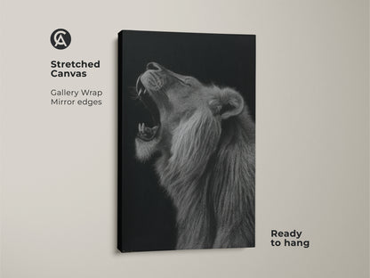 Stretched Canvas print of a roaring lion. The gallery wrap features mirror edges for a clean look. Ready to hang monochrome canvas art for wildlife wall decor. Showcase a roaring lion artwork in stunning black and white. It's a perfect animal portrait print for your home.