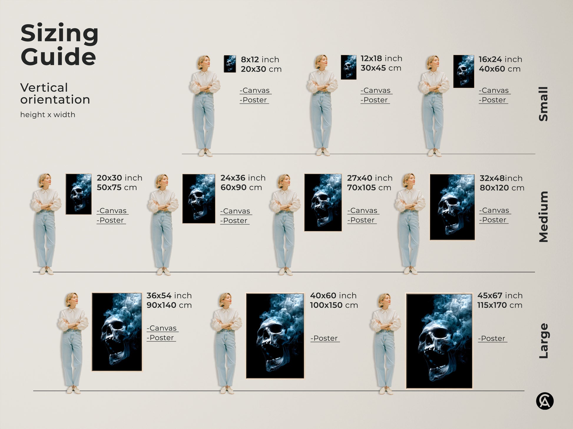 Sizing guide for skull artwork. Available in small medium and large sizes. Options include canvas and poster prints. Find the perfect size to complement your space and make a statement with this skull art.
