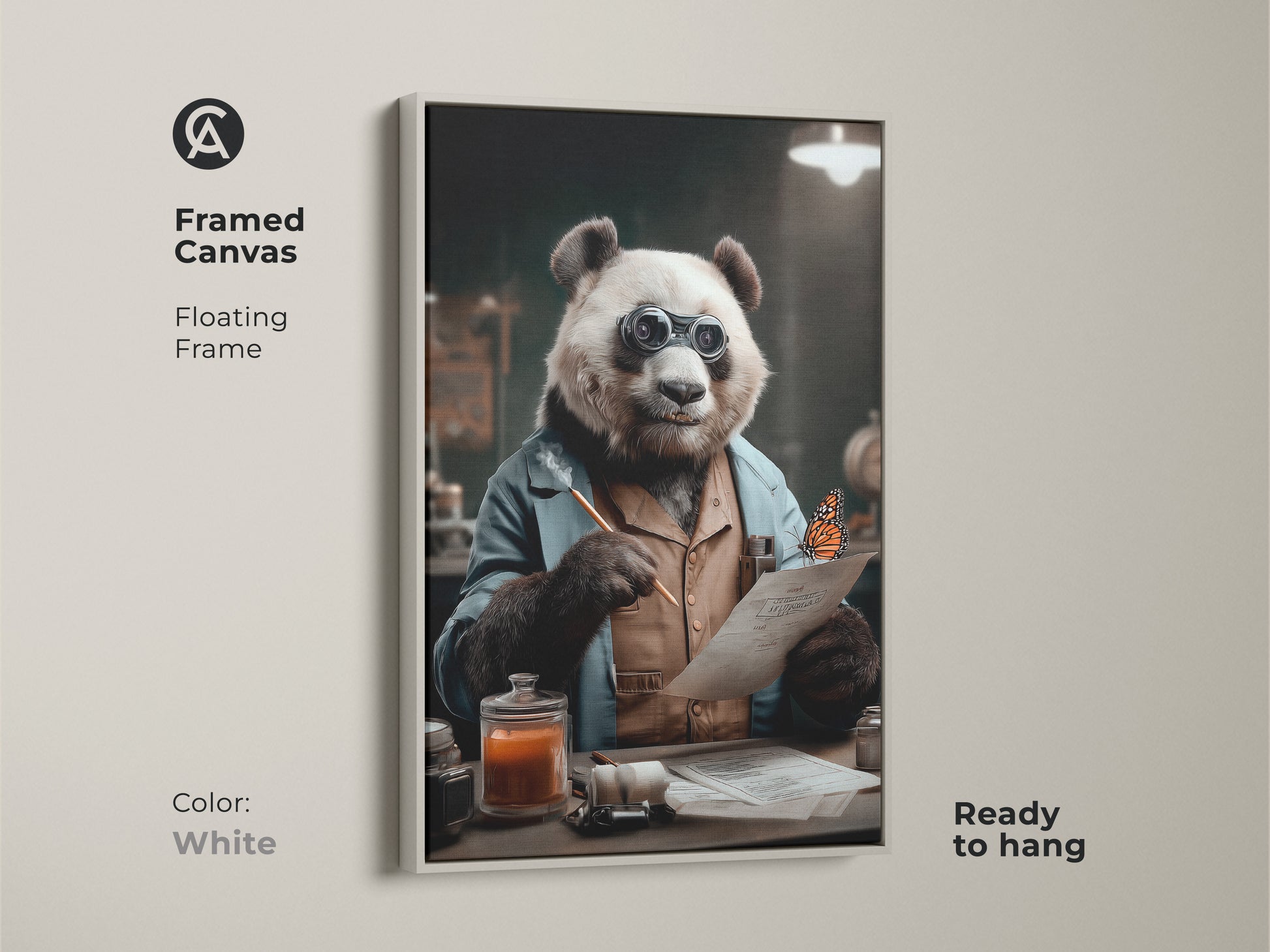 Framed canvas print in a floating white frame. The artwork shows a panda dressed as a scientist with spectacles. This panda scientist wall art is ready to hang. It makes for eclectic animal wall decor or a unique gift for animal lovers.