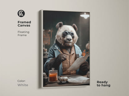 Framed canvas print in a floating white frame. The artwork shows a panda dressed as a scientist with spectacles. This panda scientist wall art is ready to hang. It makes for eclectic animal wall decor or a unique gift for animal lovers.