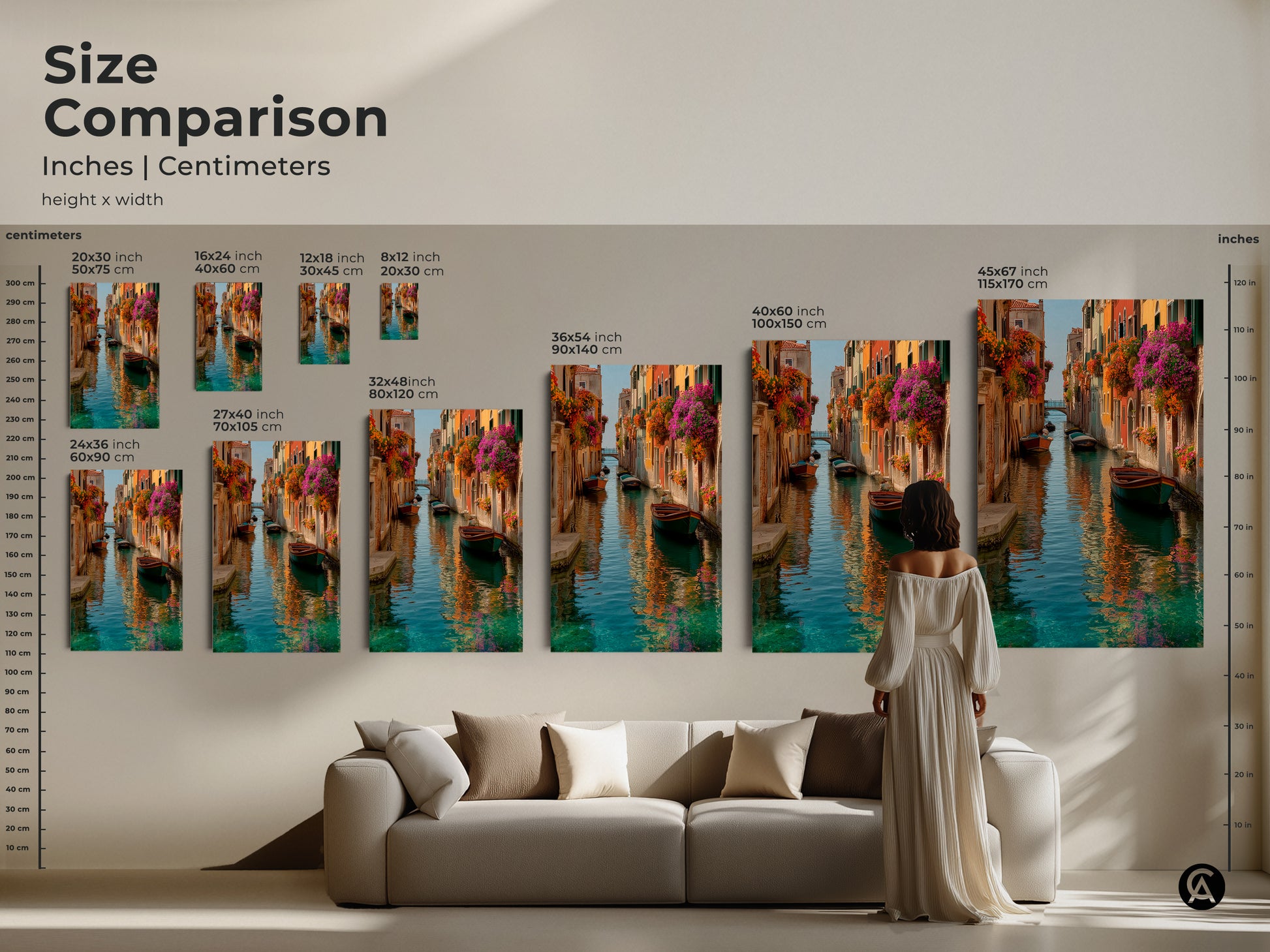 Size comparison of Venice canal art prints. See how different sizes fit with furniture. Canvas and poster options available. Add a touch of Italian romance with colorful bohemian artwork.