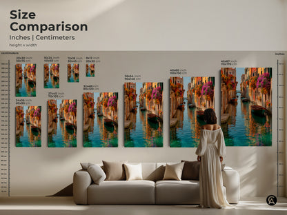 Size comparison of Venice canal art prints. See how different sizes fit with furniture. Canvas and poster options available. Add a touch of Italian romance with colorful bohemian artwork.
