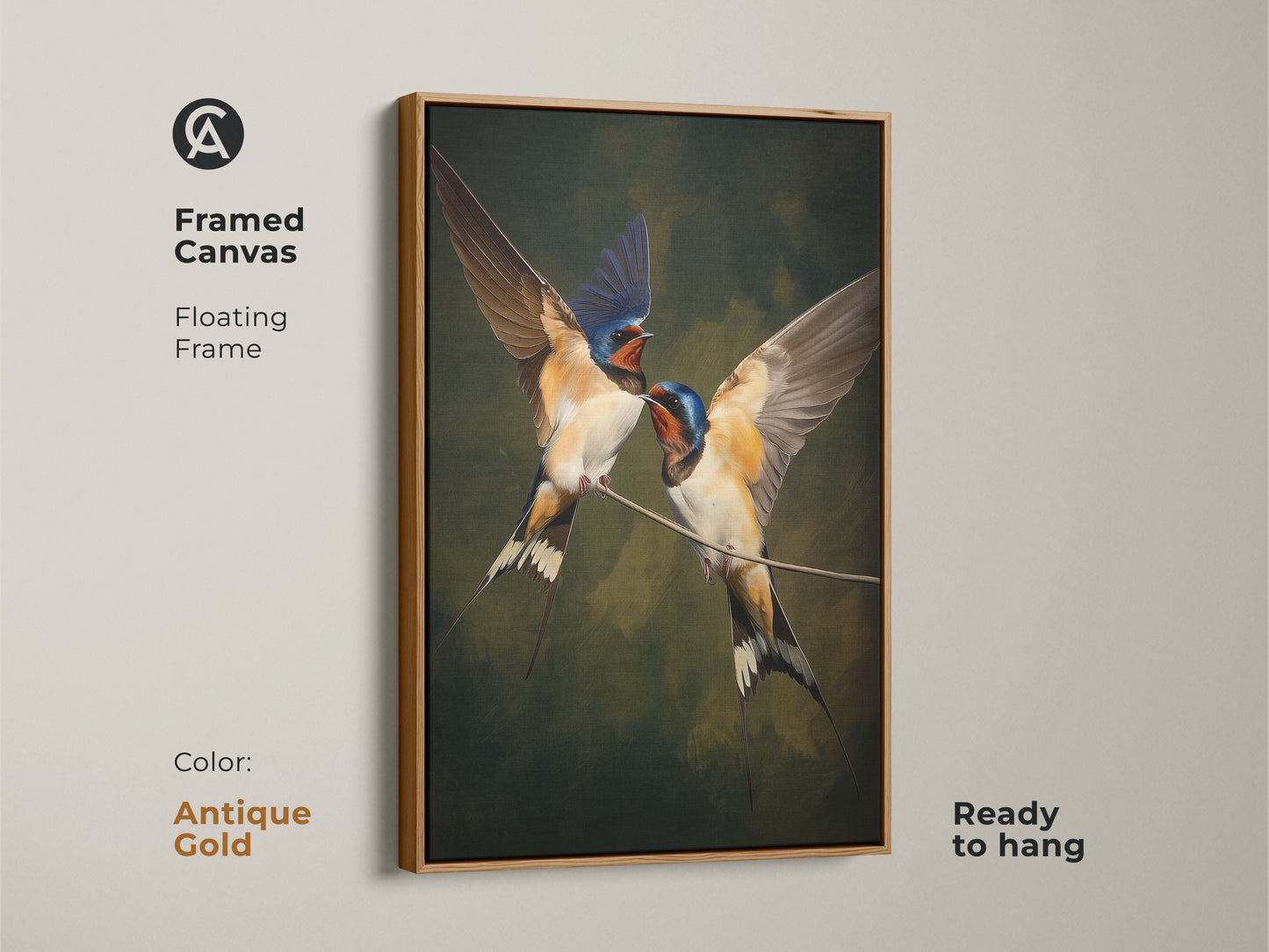 Framed canvas in antique gold featuring realistic swallow bird art with a floating frame. Classical nature wall decor in brown blue and green tones. Traditional home decor gift for wildlife art lovers. This animal art print is ready to hang as ornithology wall art. Ideal housewarming gift art for bird enthusiasts. Elegant wildlife decor for your home.