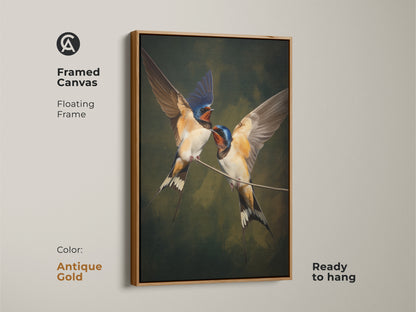 Framed canvas in antique gold featuring realistic swallow bird art with a floating frame. Classical nature wall decor in brown blue and green tones. Traditional home decor gift for wildlife art lovers. This animal art print is ready to hang as ornithology wall art. Ideal housewarming gift art for bird enthusiasts. Elegant wildlife decor for your home.