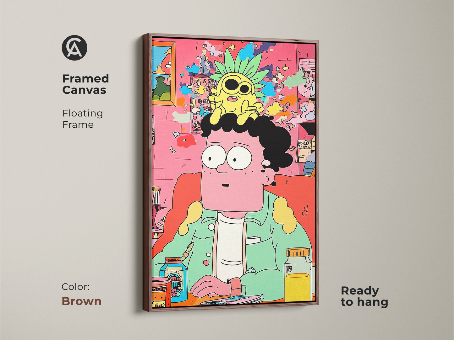 Framed canvas art in a brown floating frame. The cartoon art shows a man with a pineapple on his head. This modern piece is ready to hang. It will brighten any room with its quirky style.