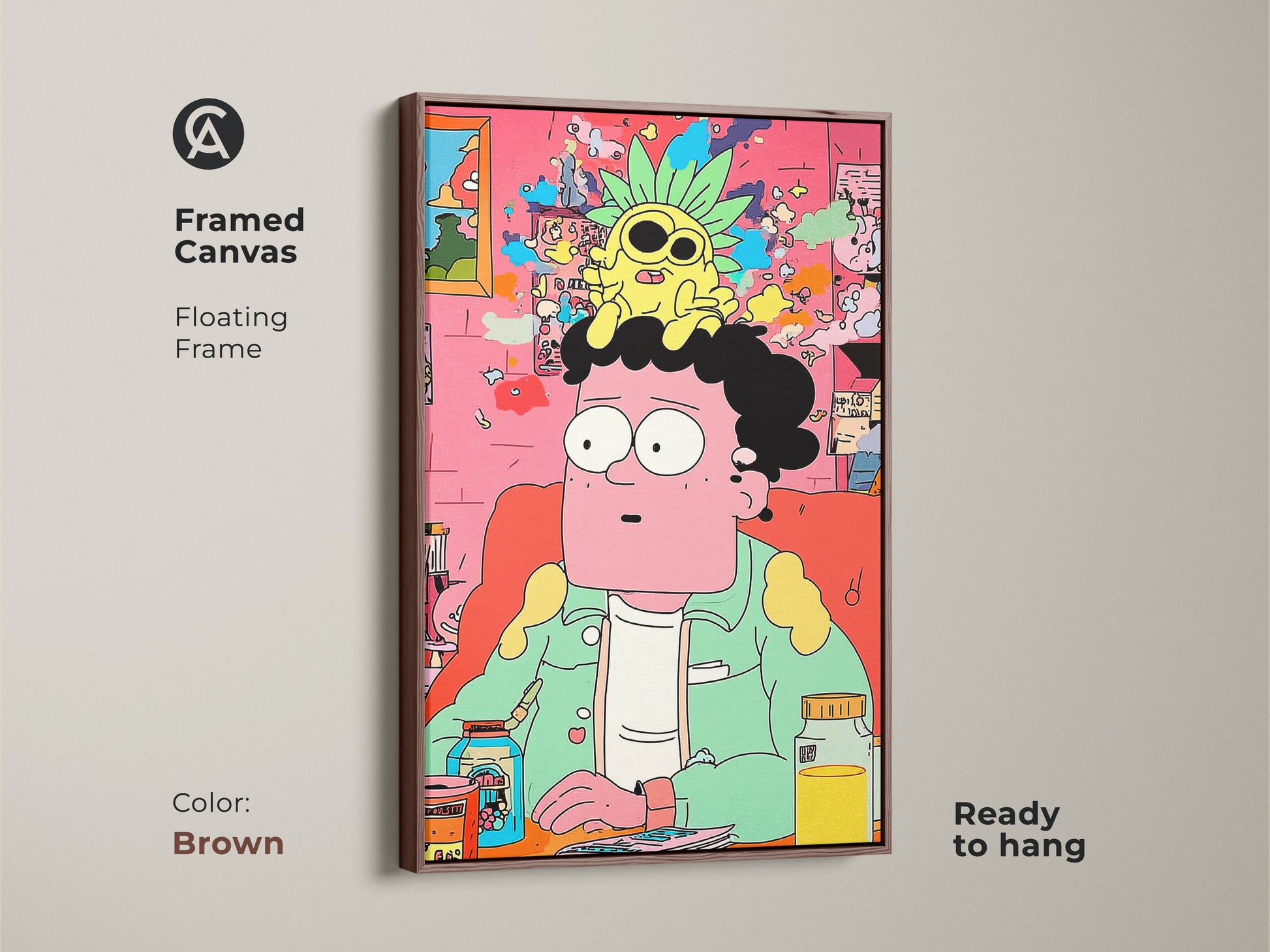 Framed canvas art in a brown floating frame. The cartoon art shows a man with a pineapple on his head. This modern piece is ready to hang. It will brighten any room with its quirky style.