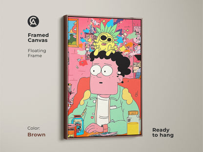 Framed canvas art in a brown floating frame. The cartoon art shows a man with a pineapple on his head. This modern piece is ready to hang. It will brighten any room with its quirky style.