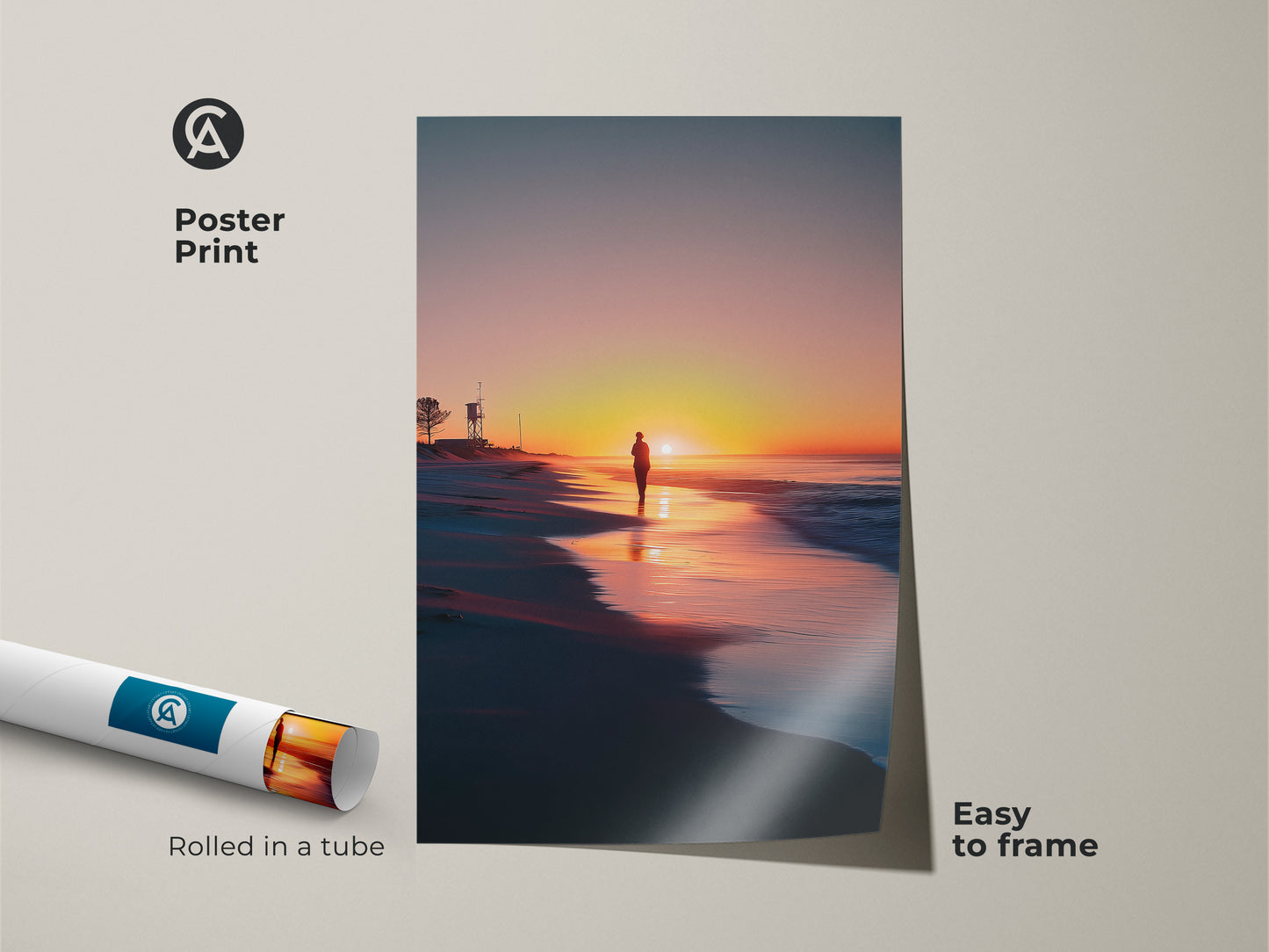 Poster print featuring a serene beach sunset scene. Coastal lifeguard tower and solitary walker on canvas. This art arrives rolled in a tube for easy framing. Perfect for a housewarming gift or beach lover gift. The art brings a calm ocean view.