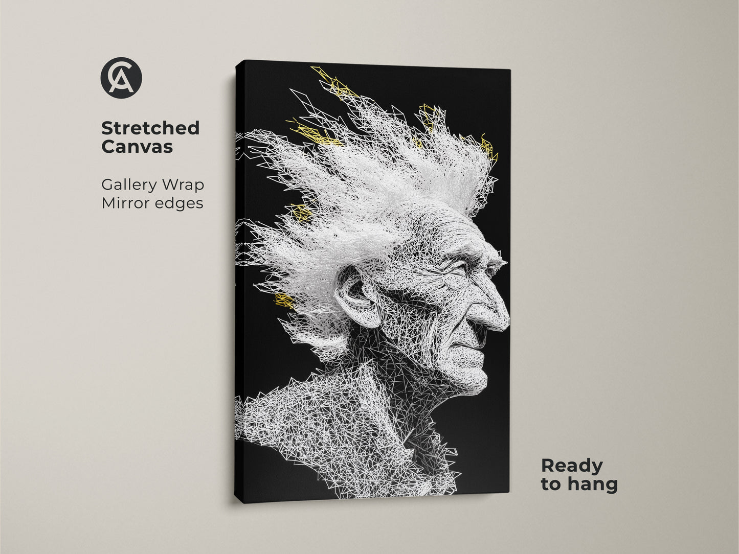 Stretched canvas art featuring an elderly man with a white mohawk. The artwork uses white lines on black. This canvas art is ready to hang. The gallery wrap has mirrored edges. A unique piece for any room.