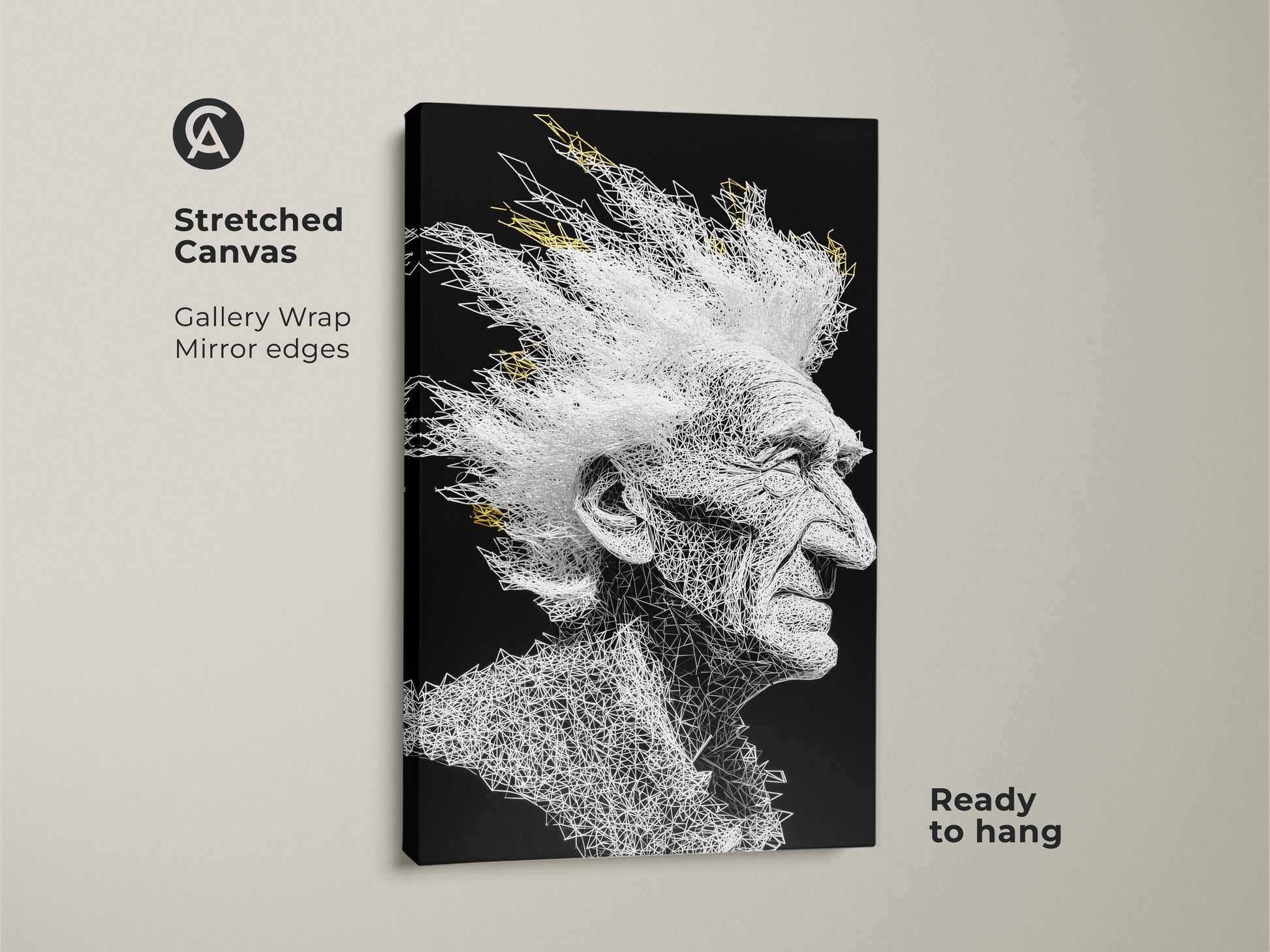 Stretched canvas art featuring an elderly man with a white mohawk. The artwork uses white lines on black. This canvas art is ready to hang. The gallery wrap has mirrored edges. A unique piece for any room.