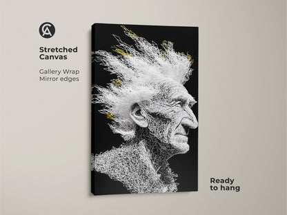 Stretched canvas art featuring an elderly man with a white mohawk. The artwork uses white lines on black. This canvas art is ready to hang. The gallery wrap has mirrored edges. A unique piece for any room.