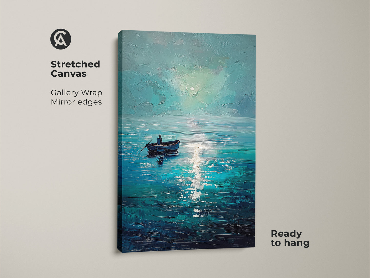 Stretched canvas print of a deep blue ocean artwork. Gallery wrapped with mirror edges this coastal boat canvas print is ready to hang. The teal aqua seascape art evokes a sense of calm and is ideal for bedroom ocean art.